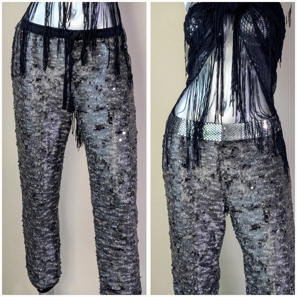 Free People Scintilating Gunmetal Gray Sequin Jogger Party Pants Leggings - Picture 3 of 10